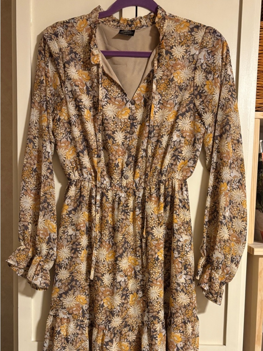 Long-Sleeve Floral Tiered Maxi Dress in Mustard & Taupe